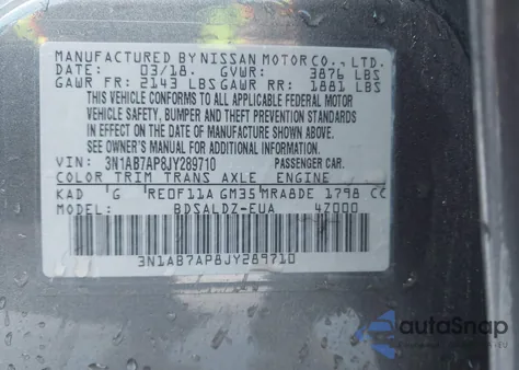 2018 Nissan Sentra Sv z USA, uszkodzony, nr VIN 3N1AB7AP8JY289710